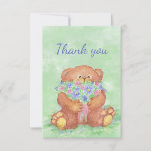 Tarjeta De Agradecimiento Gracias, Cute Teddy Bear Holding Flower Bouquet