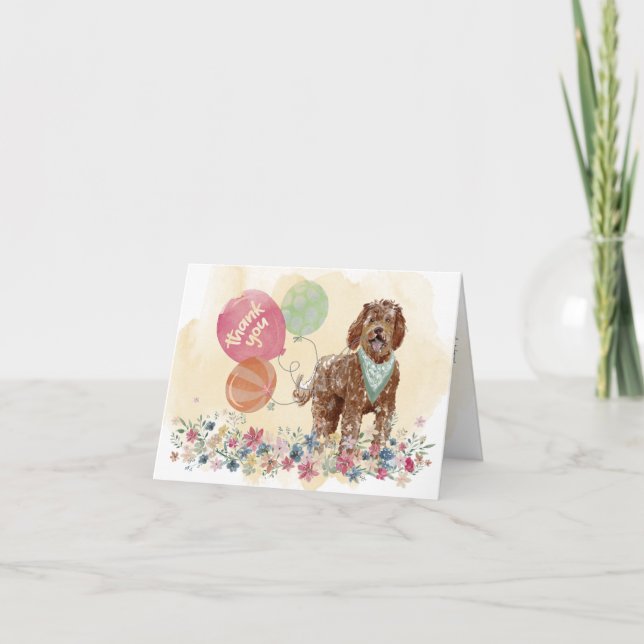 Tarjeta De Agradecimiento Gracias de You & Brown Labradoodle y globos (Anverso)