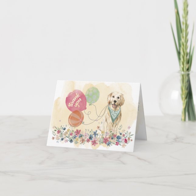 Tarjeta De Agradecimiento Gracias de You & Golden Retriever y globos (Anverso)
