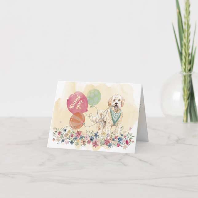Tarjeta De Agradecimiento Gracias de You & Goldendoodle con globos (Anverso)
