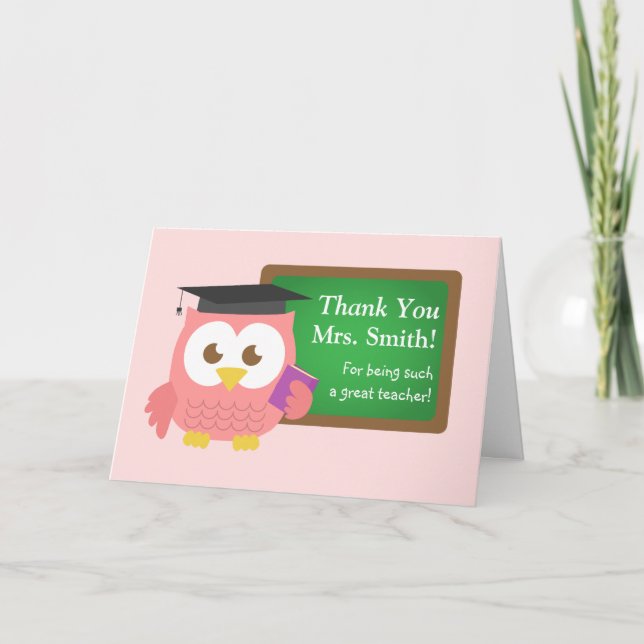 Tarjeta De Agradecimiento Gracias, día del aprecio del profesor, búho rosado (Anverso)