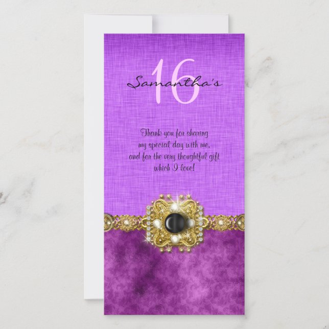 Tarjeta De Agradecimiento "gracias" "dulces dieciséis" gemas negras rosas (Anverso)