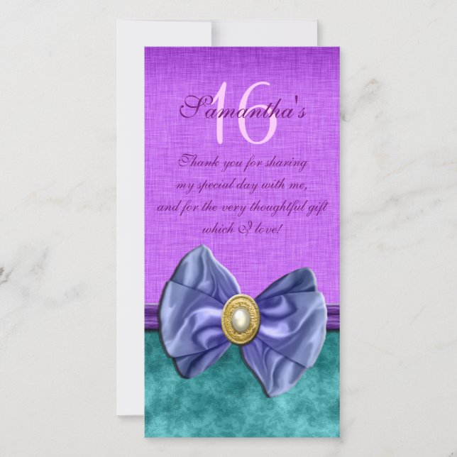 Tarjeta De Agradecimiento "gracias" "dulces dieciséis" gemas negras rosas (Anverso)