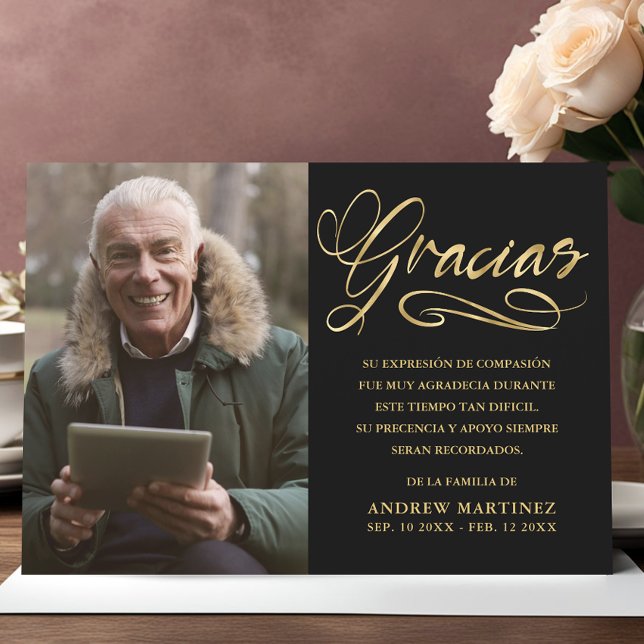 Tarjeta De Agradecimiento Gracias Elegant Oro y Foto Negra Funeral Español (Subido por el creador)