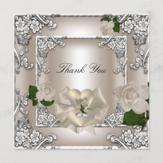 Tarjeta De Agradecimiento Gracias Elegante Boda Crema Rosa Plata Blanco