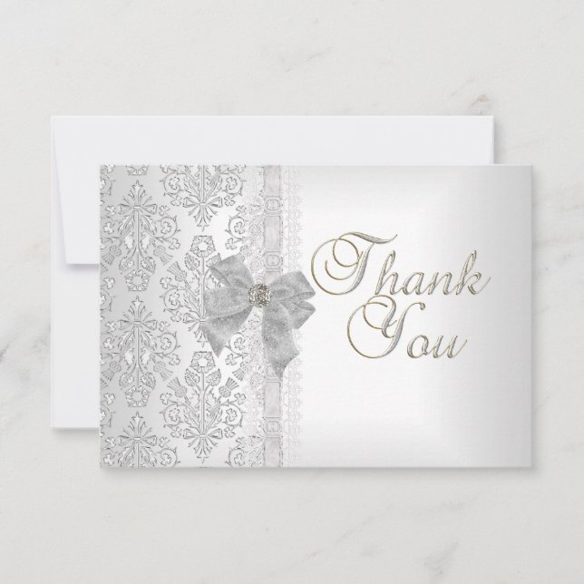 Tarjeta De Agradecimiento Gracias Elegante Boda Damask White Silver Bow (Anverso)