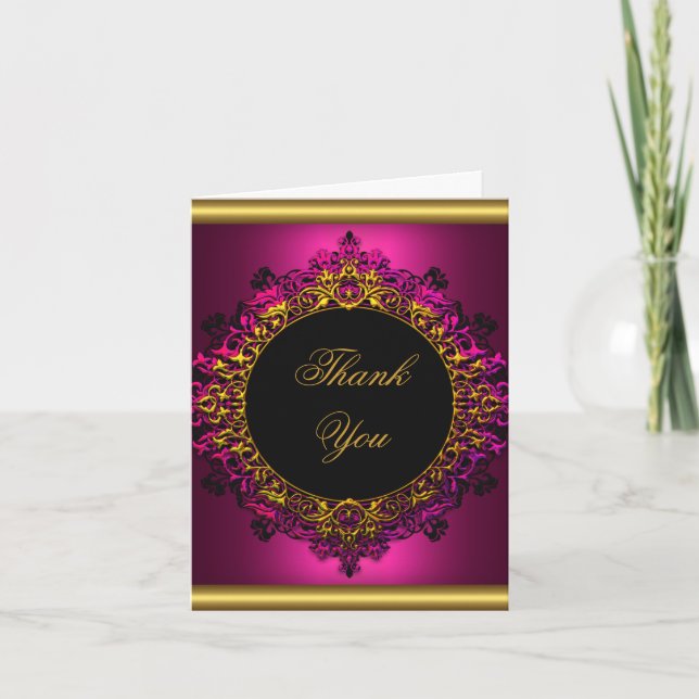 Tarjeta De Agradecimiento Gracias Elegante Negro Oro Oscuro Rosa (Anverso)