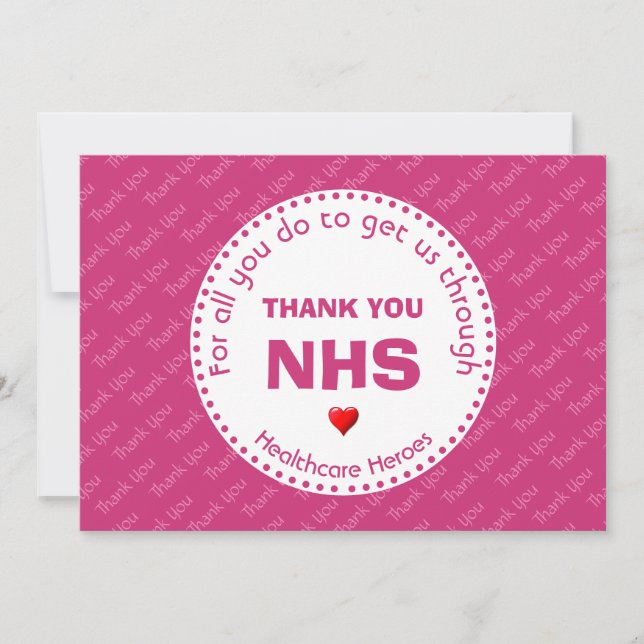 Tarjeta De Agradecimiento Gracias enfermera NHS Héroes de la salud PINK (Anverso)