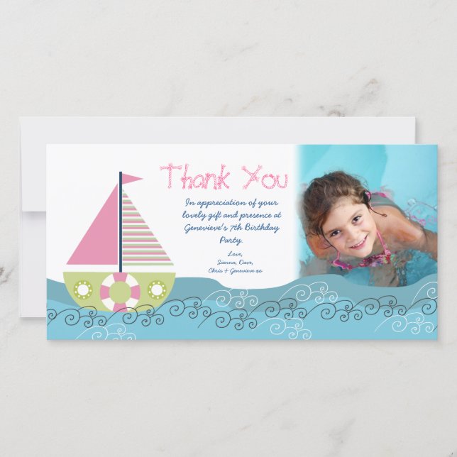 Tarjeta De Agradecimiento Gracias fiesta de cumpleaños del barco de vela (Anverso)