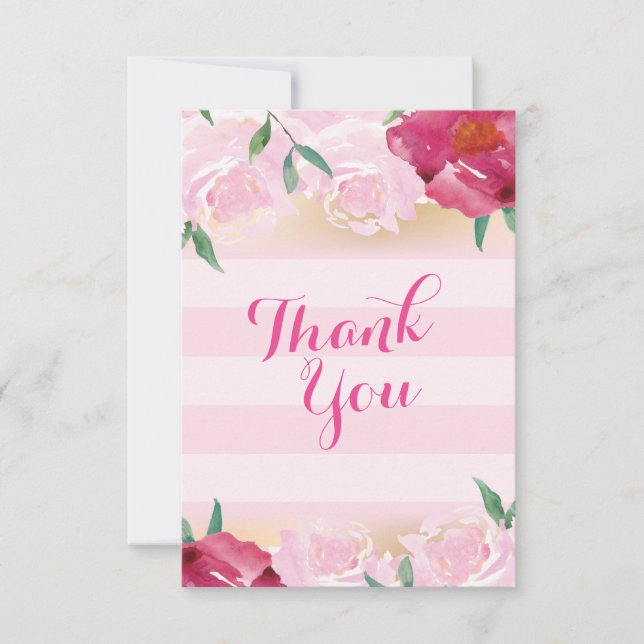 Tarjeta De Agradecimiento Gracias Flores y franjas rosadas (Anverso)