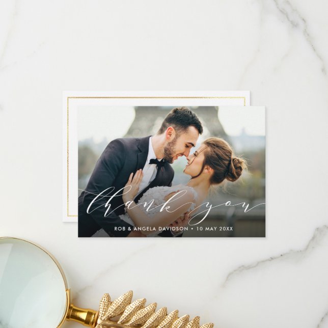 Tarjeta De Agradecimiento GRACIAS | foto de boda con letras blancas (Anverso/Reverso In Situ)