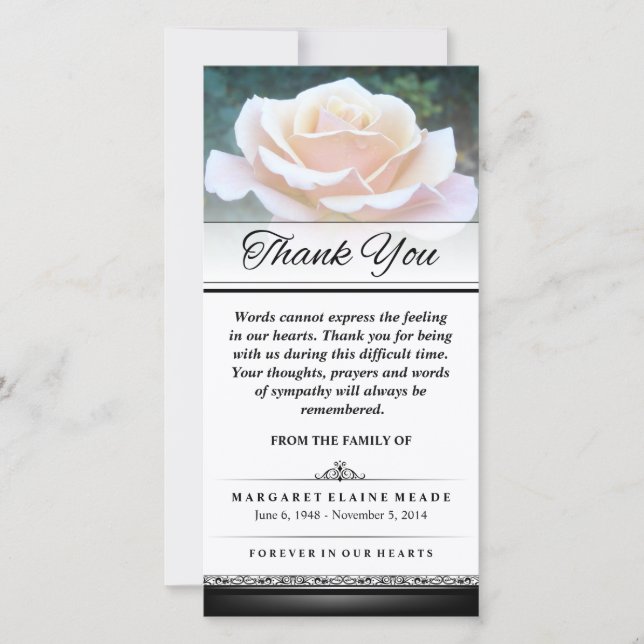 Tarjeta De Agradecimiento Gracias, Funeral White Rose Words no puede expresa (Anverso)
