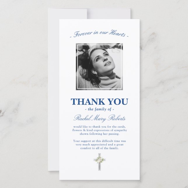 Tarjeta De Agradecimiento Gracias funerales | Fotografía azul de la simpatía (Anverso)