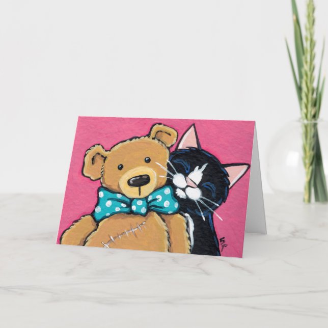 Tarjeta De Agradecimiento Gracias gato y osito de peluche de Tuxedo (Anverso)