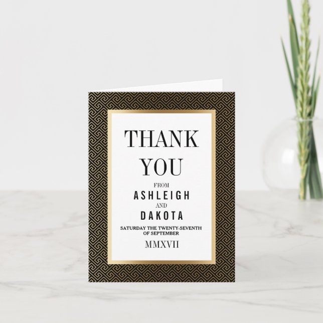 Tarjeta De Agradecimiento Gracias | Geométrica de oro formal en negro (Anverso)