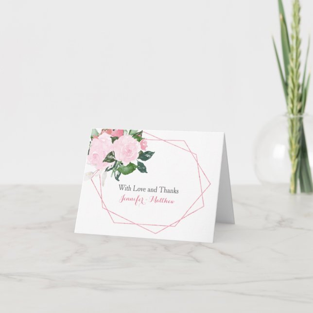 Tarjeta De Agradecimiento Gracias geométrico de la vegetación de rosas rosad (Anverso)