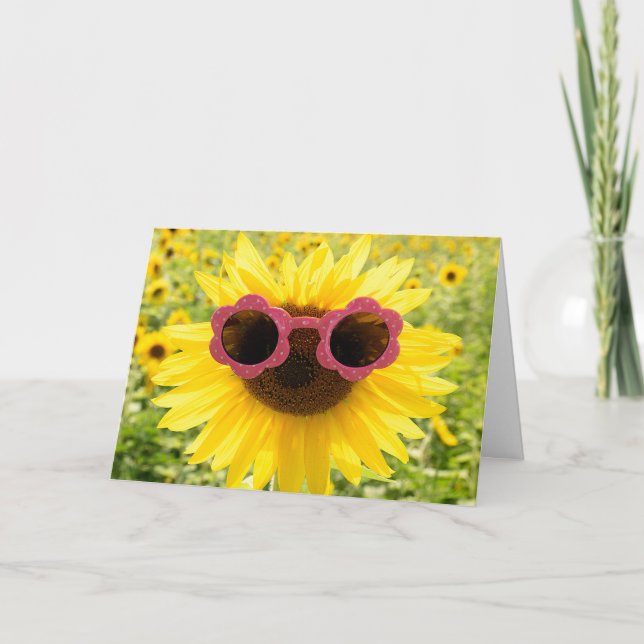 Tarjeta De Agradecimiento Gracias Girasol con gafas de sol rosadas (Anverso)