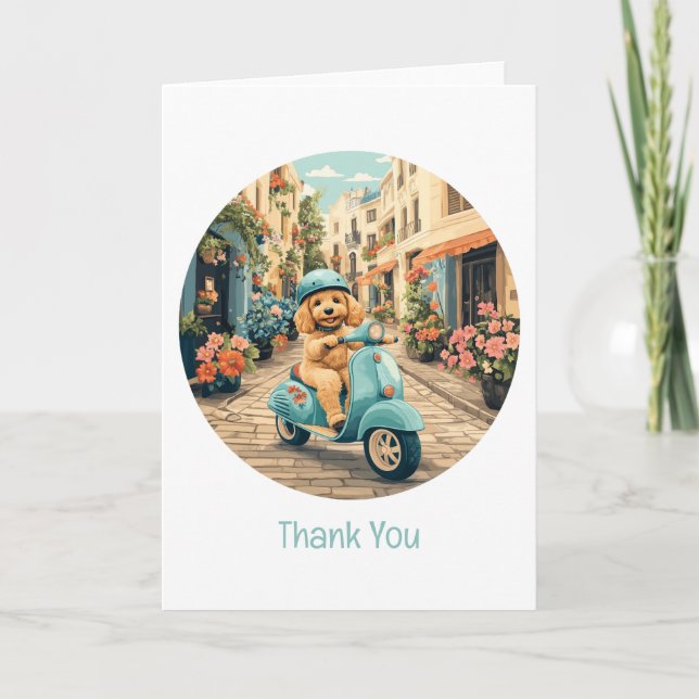 Tarjeta De Agradecimiento Gracias Goldendoodle Dog Riding Scooter (Anverso)