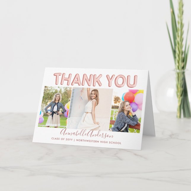 Tarjeta De Agradecimiento Gracias Graduado Rosa Oro 3 Foto Graduada (Anverso)