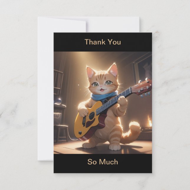 Tarjeta De Agradecimiento Gracias Guitarra Jugando Gato (Anverso)