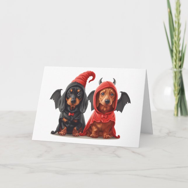 Tarjeta De Agradecimiento Gracias Halloween Dachshund Dogs Devil Bat (Anverso)