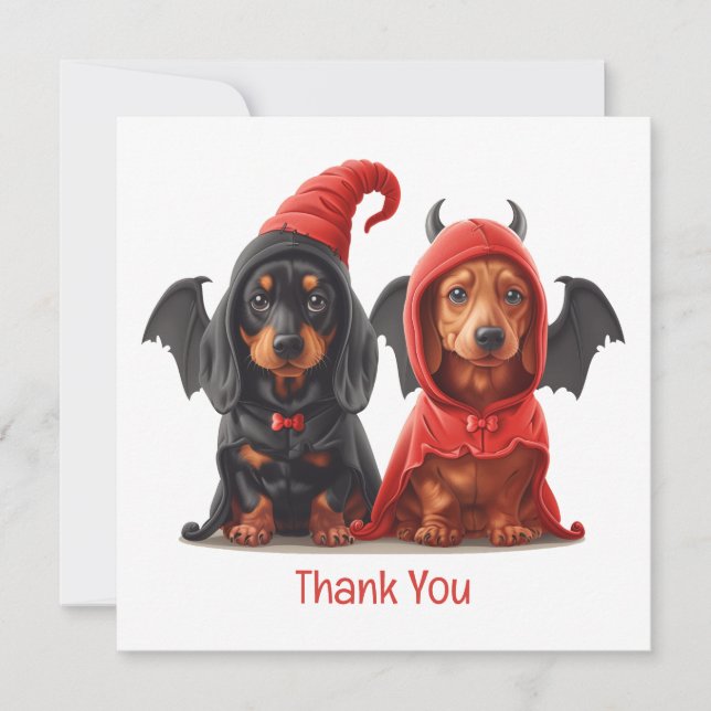 Tarjeta De Agradecimiento Gracias Halloween Dachshund Dogs Devil Bat (Anverso)