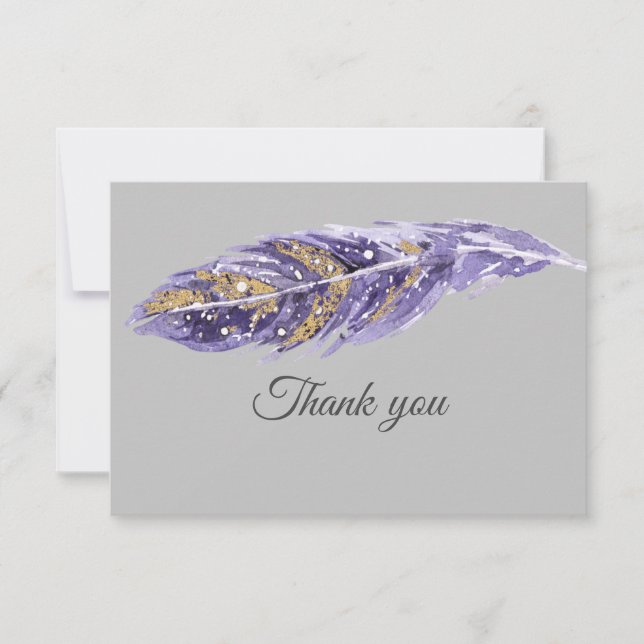Tarjeta De Agradecimiento Gracias, Hermosa Pluma De Oro Morado (Anverso)