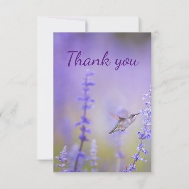 Tarjeta De Agradecimiento Gracias Hummingbird Lavender Flower Art (Anverso)