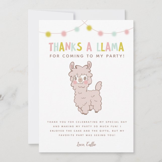 Tarjeta De Agradecimiento Gracias Llama Lindo Cumpleaños Niños Fiesta (Anverso)