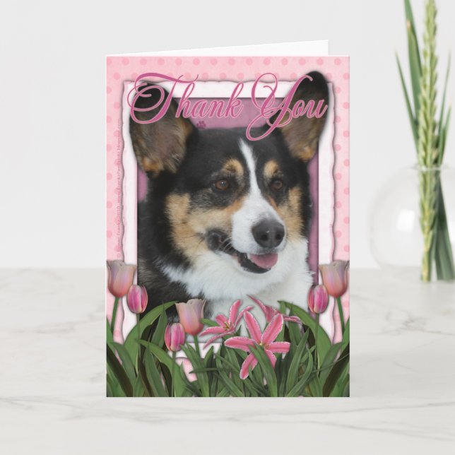 Tarjeta De Agradecimiento Gracias - los tulipanes rosados - Corgi (Anverso)