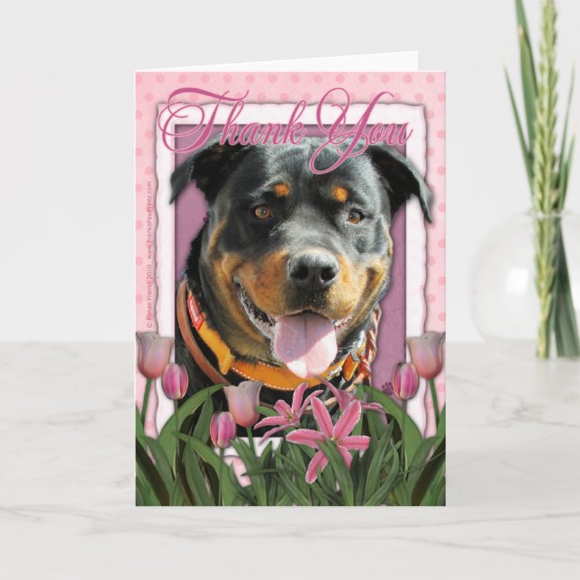 Tarjeta De Agradecimiento Gracias - los tulipanes rosados - Rottweiler - (Anverso)