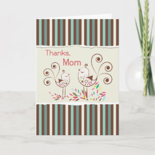 Tarjeta De Agradecimiento Gracias mamá, pájaros cortos en rayas