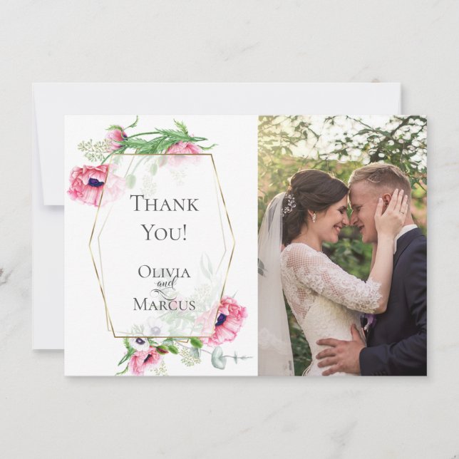 Tarjeta De Agradecimiento GRACIAS | Marco de FOTOS Botánico de Amapolas Rosa (Anverso)