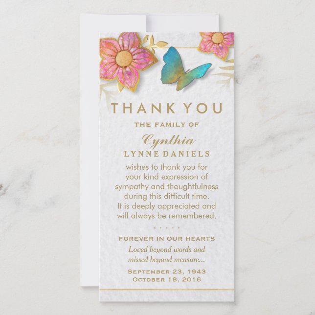 Tarjeta De Agradecimiento Gracias Mariposa Floral White Gold Sympathy (Anverso)