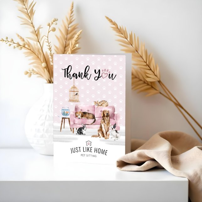 Tarjeta De Agradecimiento Gracias | Mascota de casa sentado Mascota de famil (Thank You | Home Pet Sitting Pet Family Pink Couch)