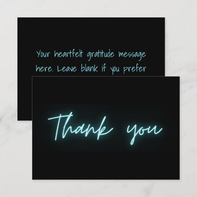 Tarjeta De Agradecimiento Gracias Moderno Script Neon Turquesa Negro (Anverso / Reverso)
