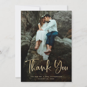 Tarjeta De Agradecimiento Gracias Modernos Faux Gold Script y Boda Photo