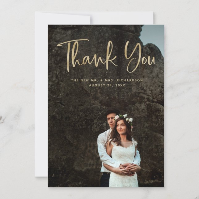 Tarjeta De Agradecimiento Gracias Modernos | Faux Gold Script y Boda Photo (Anverso)