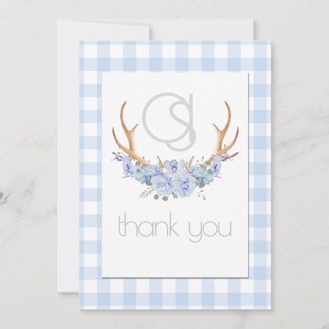 Tarjeta De Agradecimiento Gracias - Monogram Blue Gingham Floral BOHO (Anverso)
