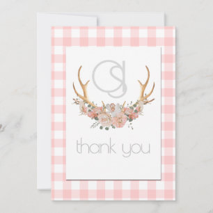 Tarjeta De Agradecimiento Gracias - Monograma Coral Gingham Floral BOHO