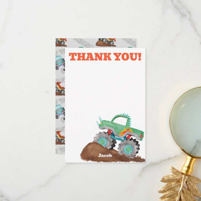 Tarjeta De Agradecimiento Gracias Monster Truck Birthday Bash Watercolor (Anverso/Reverso In Situ)