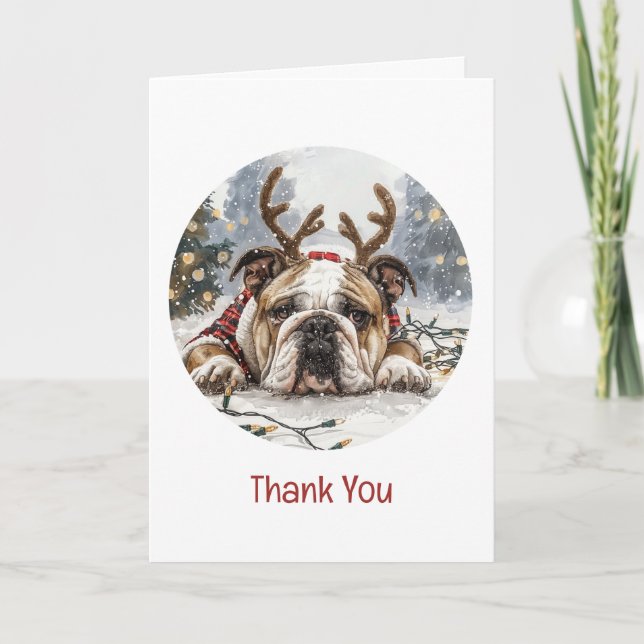 Tarjeta De Agradecimiento Gracias Navidades Bulldog inglés reno (Anverso)