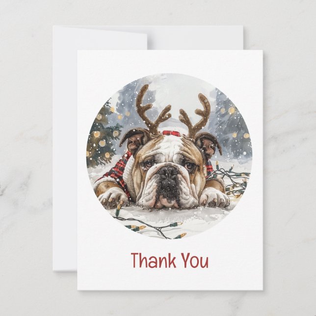 Tarjeta De Agradecimiento Gracias Navidades Bulldog inglés reno (Anverso)