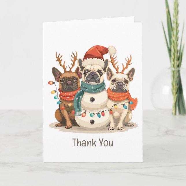 Tarjeta De Agradecimiento Gracias Navidades Perros de reno de Bulldog francé (Anverso)