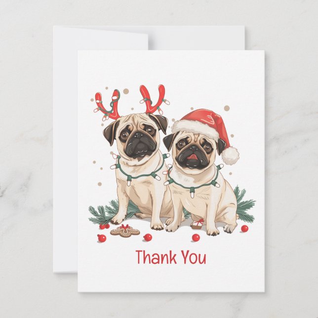 Tarjeta De Agradecimiento Gracias Navidades Pug Dogs (Anverso)