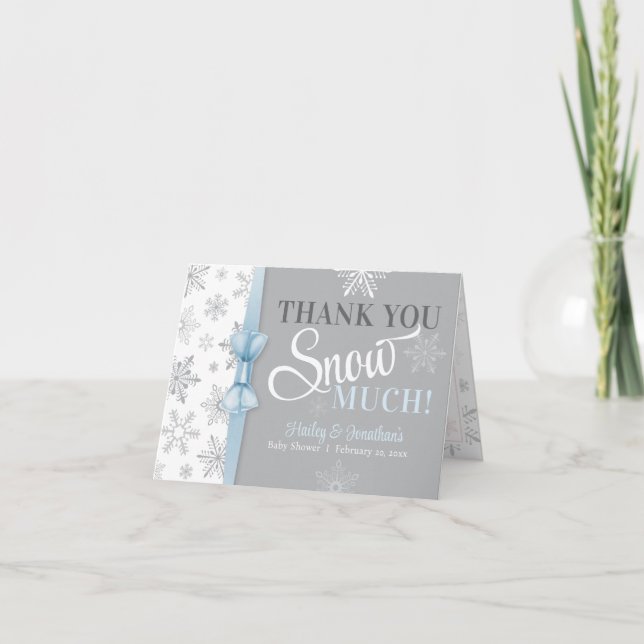 Tarjeta De Agradecimiento Gracias NIEVE Mucho Bebé Azul Ducha De Snowflake (Anverso)