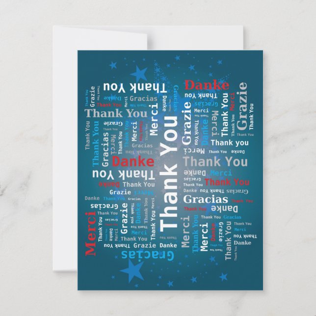 Tarjeta De Agradecimiento Gracias Nube de palabras - 5 idiomas - Azul profun (Anverso)
