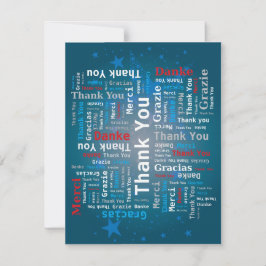 Tarjeta De Agradecimiento Gracias Nube de palabras - 5 idiomas - Azul profun