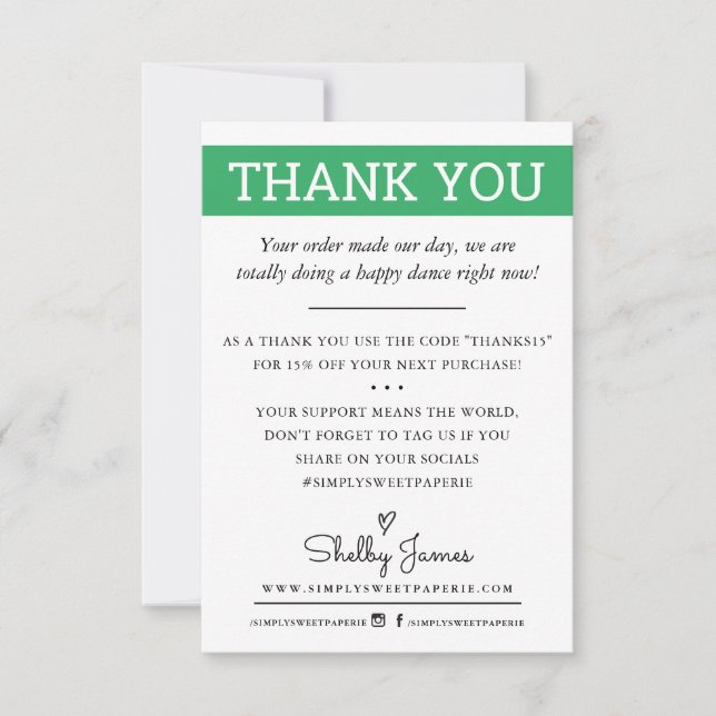 Tarjeta De Agradecimiento GRACIAS orden de negocio insertar verde moderno (Anverso)