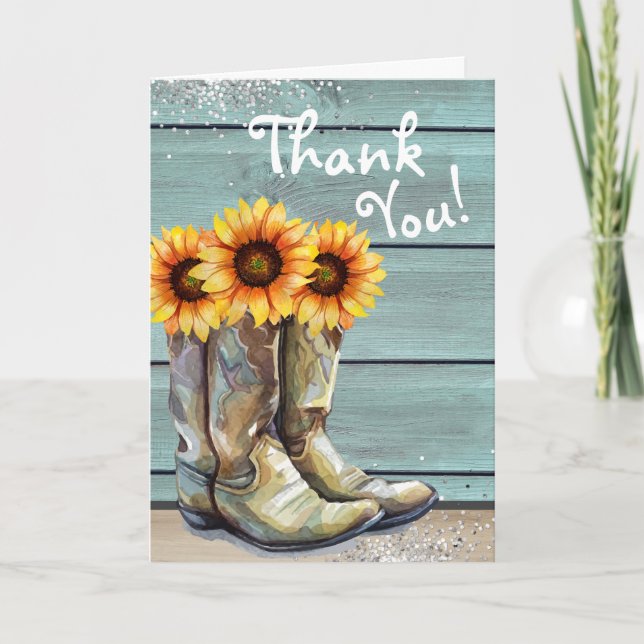 Tarjeta De Agradecimiento Gracias País Rústico Boots de Girasol Occidental (Anverso)